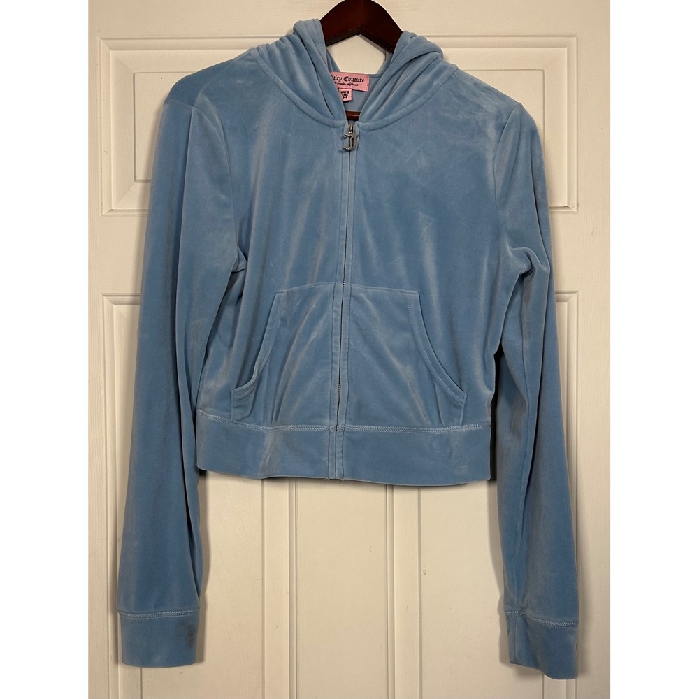 Juicy Couture‎ M Light Blue Velour Rhinestone Logo Cropped Zip Up Hoodie Y2K